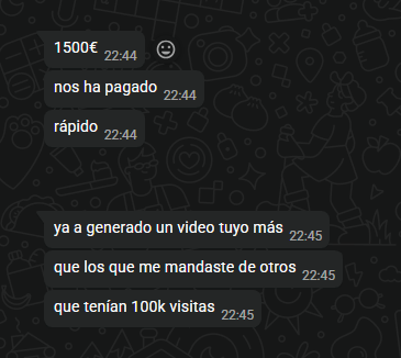 WhatsApp message from Marcos reporting over €1,500 paid by a client that came through YouTube