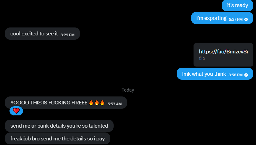 Client messages reacting to a delivered edit and asking for bank details to pay