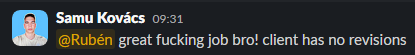 Message from a client confirming their own client had no revisions on the video