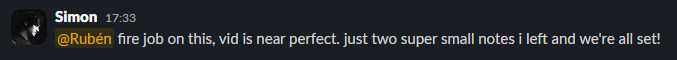 Message from a client saying the video is near perfect with only two small notes