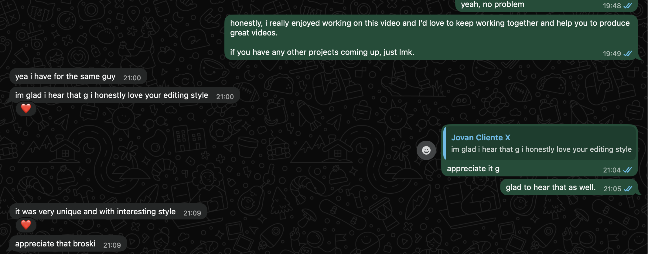 WhatsApp conversation with a client praising the editing style and asking to keep working together